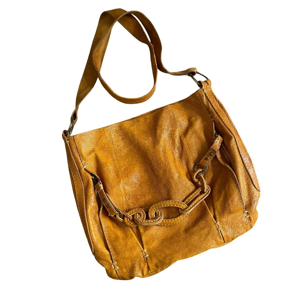 49 Square Miles Big Mouth Hobo Crossbody Bag Golden‎ Grainy Yellow Leather Chain